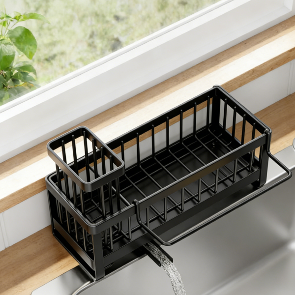 Draining Stainless Steel Kitchen Sink Caddy with Divider, Black